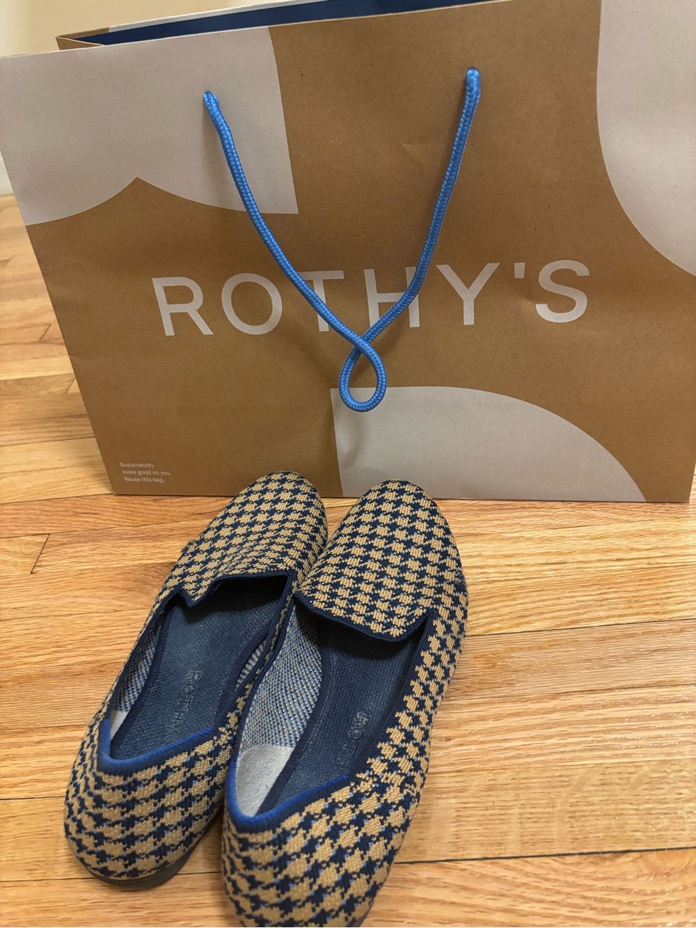 Rothy's Blue and Tan Houndstooth Slip-On Flats